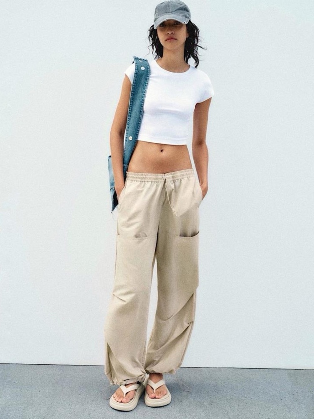 Zara Beige Wide Leg Drawstring Parachute Pants - XS NWT - Picture 2 of 10